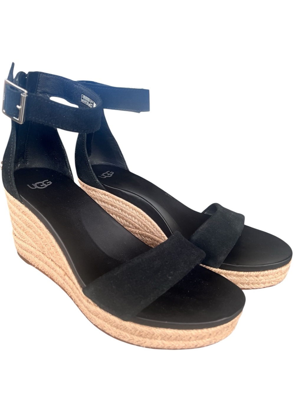 UGG Yarrow Black Suede Espadrille Wedge Sandals Back Zip - Size 9